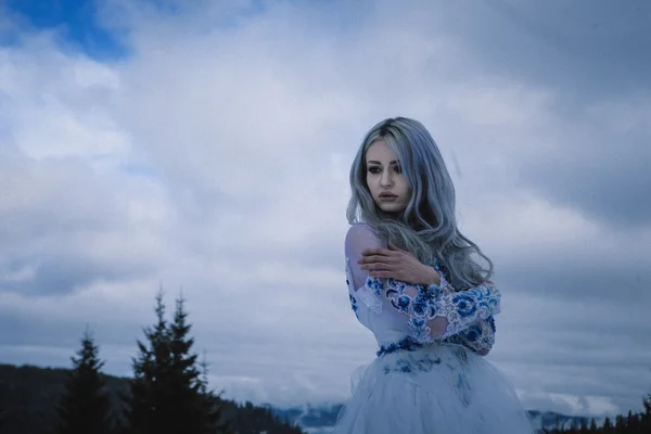 Hermosa novia en montañas de nieve — Foto de Stock