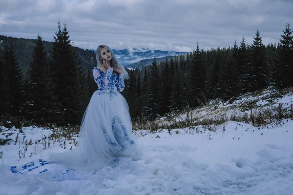 Bela noiva em montanhas de neve — Fotografia de Stock