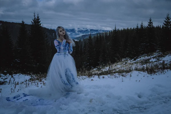 Hermosa novia en montañas de nieve — Foto de Stock