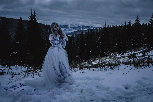 Hermosa novia en montañas de nieve — Foto de Stock