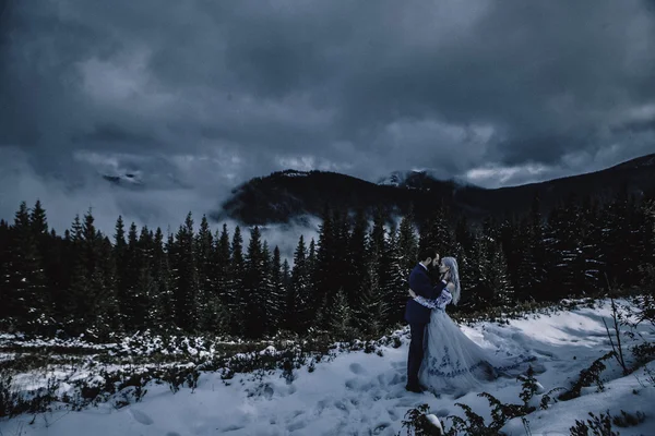 Belle mariée et marié dans la neige d'hiver sur la montagne — Photo