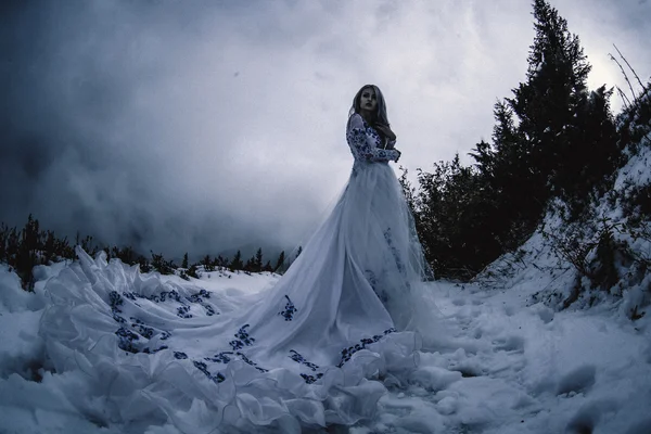 Hermosa novia en montañas de nieve — Foto de Stock