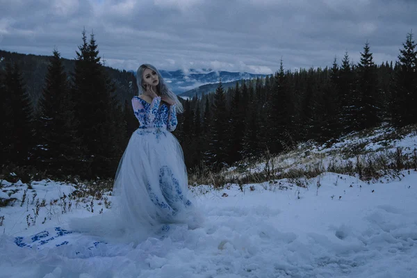 Bella sposa in montagne di neve — Foto Stock