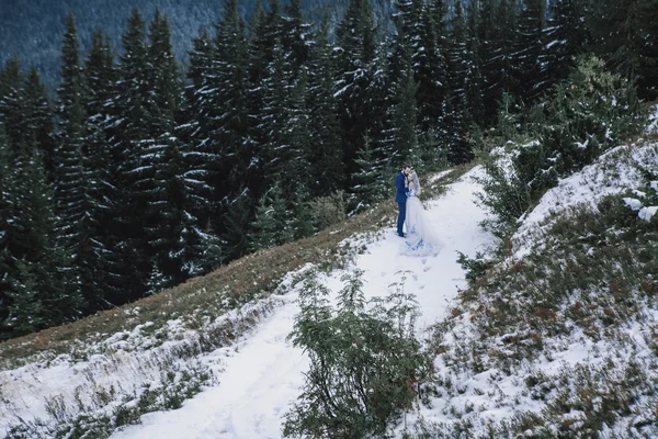 Linda noiva e noivo no inverno neve na montanha — Fotografia de Stock