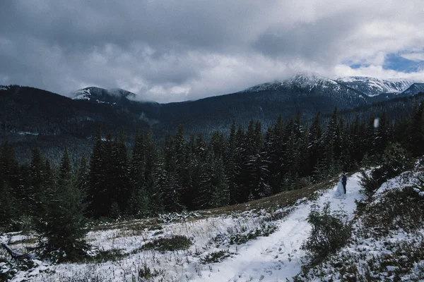 Vackra bruden och brudgummen i vinter snö på berget — Stockfoto