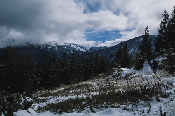 Preciosos novios en invierno nieve en la montaña — Foto de Stock