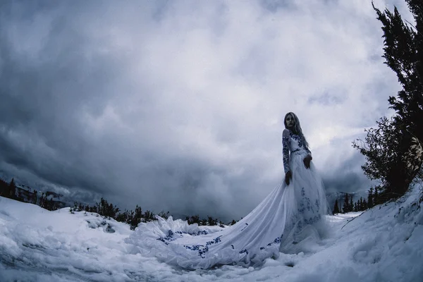 美丽的新娘在雪山 — 图库照片