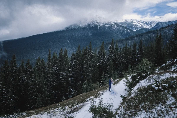 素敵な山の冬の雪の新郎新婦 — ストック写真