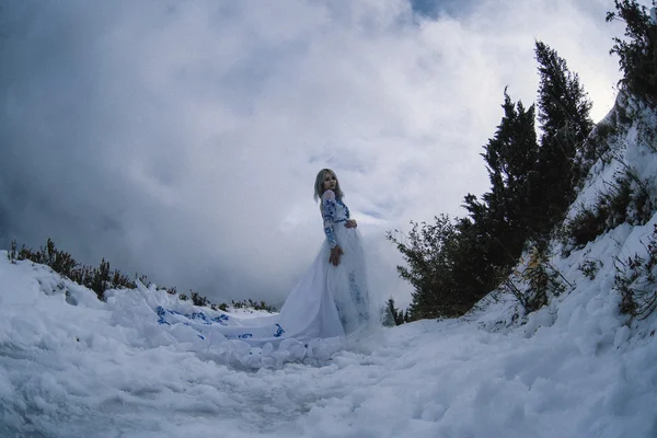 美丽的新娘在雪山 — 图库照片