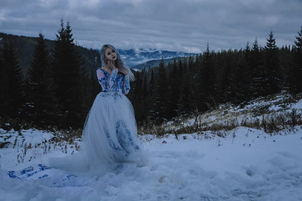 Beautiful bride in snow mountains — Stock Photo, Image