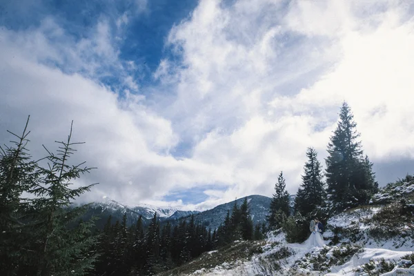 素敵な山の冬の雪の新郎新婦 — ストック写真