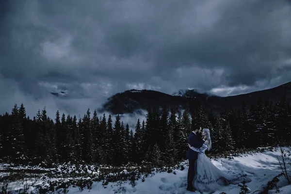 Belle mariée et marié dans la neige d'hiver sur la montagne — Photo