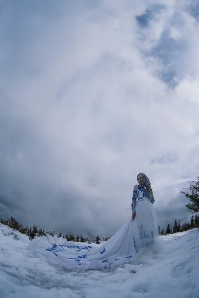Bela noiva em montanhas de neve — Fotografia de Stock