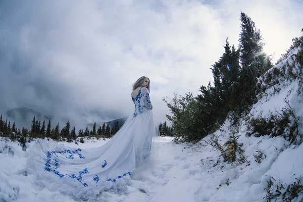 Bela noiva em montanhas de neve — Fotografia de Stock