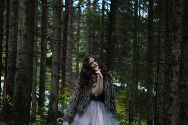 Retrato de mulher romântica em belo vestido na floresta — Fotografia de Stock