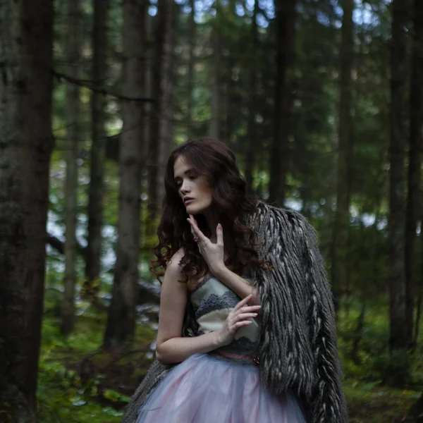 Retrato de mulher romântica em belo vestido na floresta — Fotografia de Stock