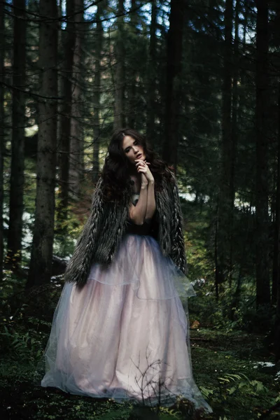 Portretul unei femei romantice în rochie frumoasă în pădure — Fotografie, imagine de stoc