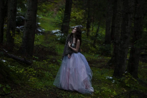 숲에서 아름 다운 드레스에 로맨틱 여자의 초상화 — 스톡 사진