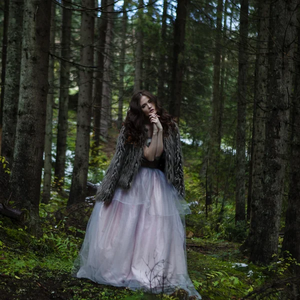 Portrait of romantic woman in beautiful dress in forest — Stock Photo, Image