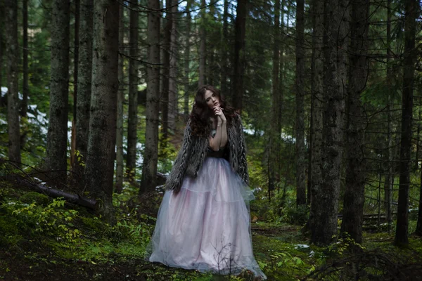 Retrato de mulher romântica em belo vestido na floresta — Fotografia de Stock
