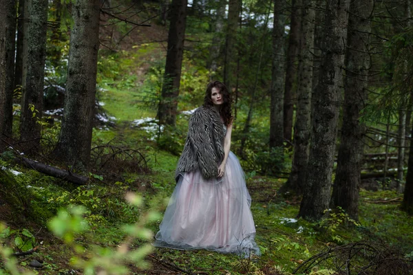Retrato de mujer romántica en hermoso vestido en el bosque — Foto de Stock