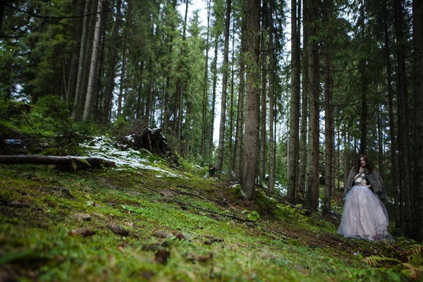 Portrét romantické ženy v krásných šatech v lese — Stock fotografie