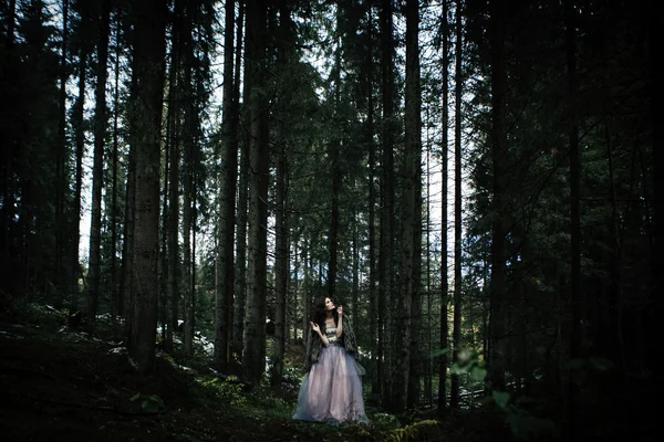 森林の美しいドレスでロマンチックな女性の肖像画 — ストック写真