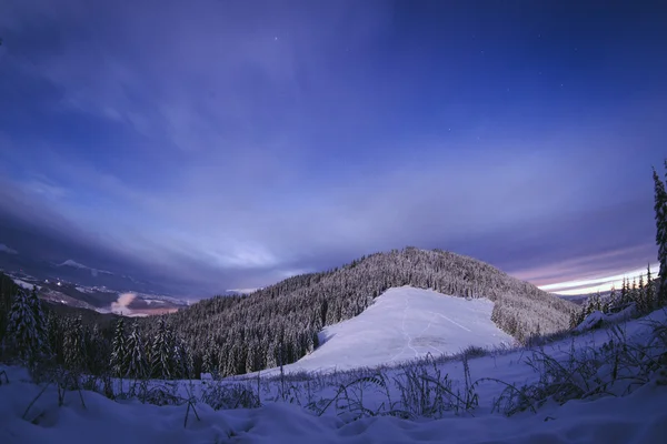 Nacht über der winterlichen Bergwelt. Karpaten, Ukraine — Stockfoto