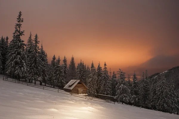 Crrpathian dağlarında kış ormandaki bir ahşap ev — Stok fotoğraf