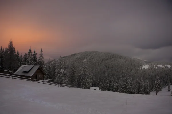 Casa de madeira na floresta de inverno em montanhas Crrpathian — Fotografia de Stock