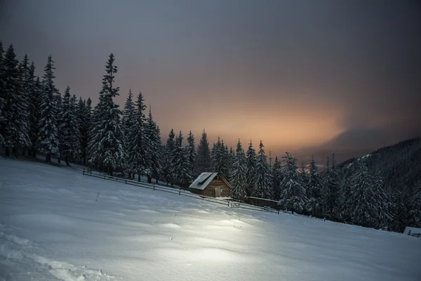 Casa de madeira na floresta de inverno em montanhas Crrpathian — Fotografia de Stock