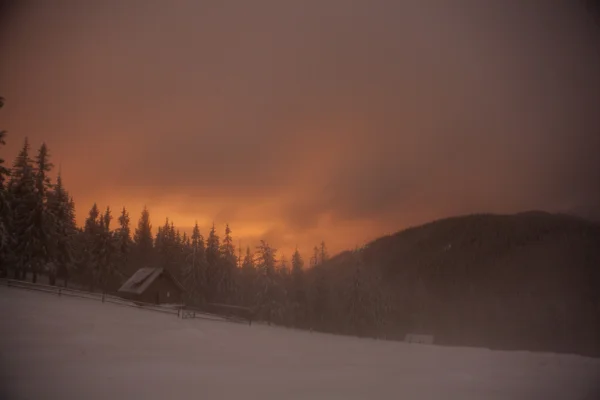 Trähus i vinter skog i Crrpathian berg — Stockfoto