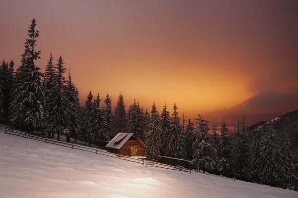 Casa de madeira na floresta de inverno em montanhas Crrpathian — Fotografia de Stock