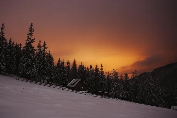 Crrpathian 山に冬の森で木造住宅 — ストック写真