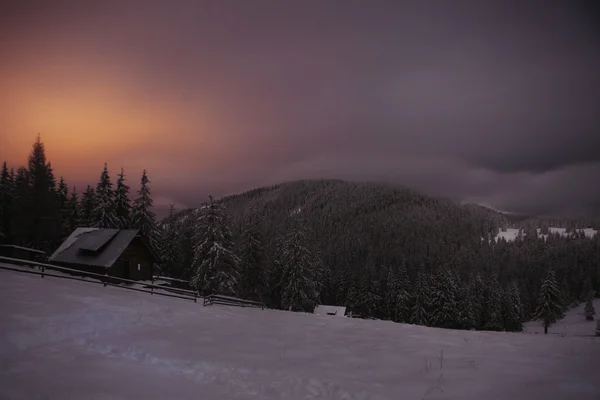 Casa de madeira na floresta de inverno em montanhas Crrpathian — Fotografia de Stock