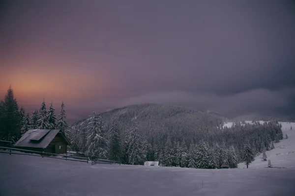 Trähus i vinter skog i Crrpathian berg — Stockfoto