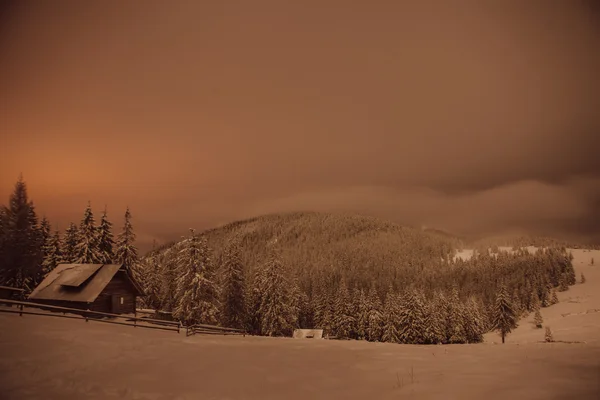 Trähus i vinter skog i Crrpathian berg — Stockfoto