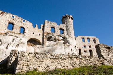 Polonya 'nın Ogrodzieniec kentindeki kayadaki ortaçağ şatosunun hava manzarası. Silezya 'da Polonya' nın Jurassic Highland bölgesindeki Kartal Yuvaları adlı kalelerden biri..
