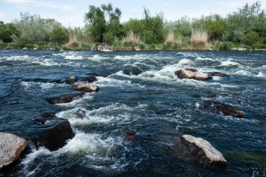 Granit dağlar ve akıntılar güney böcek nehrinde, ağaçlar ve otlarla çevrili, Mihiia köyü. Ukrayna. Rafting ve kano yapmak için ünlü bir yer.