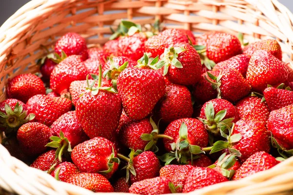 Top View Stack Many Fresh Strawberries Basket — Stock Photo, Image