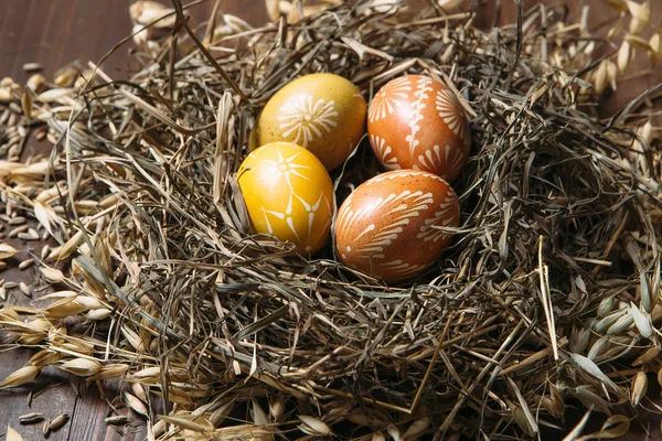 Easter eggs in nest on color wooden background — Stock Photo, Image