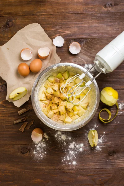 Charlotte cake ingredients on wood table — Stock Photo, Image