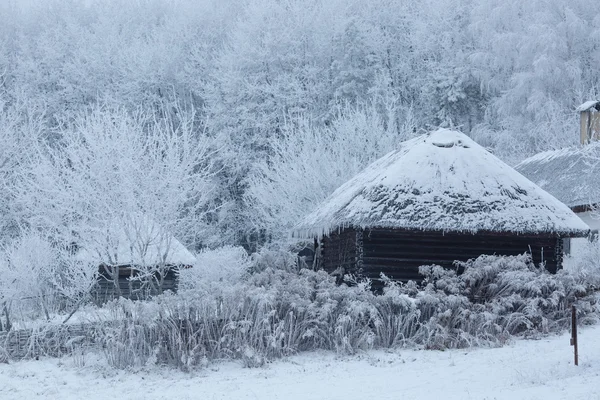 Старый деревянный дом в середине леса зимой — стоковое фото