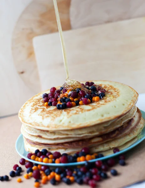 Stack Pancakes Frozen Berries Light Background View Top Concept Culinary — Stock Photo, Image