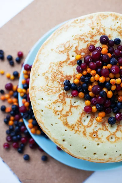 Traditional Pancakes Maslenitsa Sea Buckthorn Cranberries Blueberries View Top Concept — Stock Photo, Image