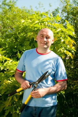 Çalının yanında budama makinesi olan olgun bir adam. 