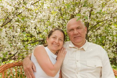  Çekici, olgun bir çiftin portresi, beyaz çiçek açan ağaçlara karşı.