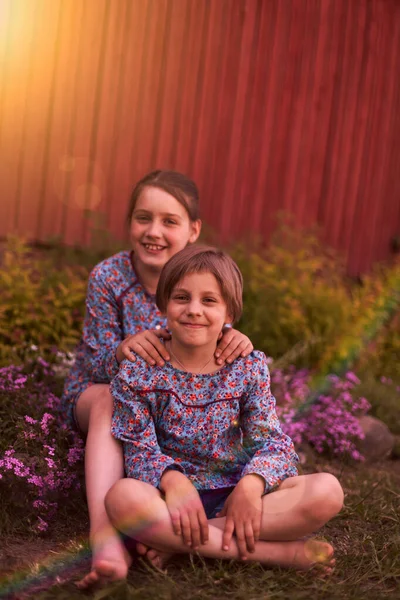 村舍附近春草上两个妹妹的画像 快乐的家庭观念 — 图库照片