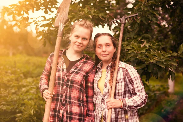 Dua Saudara Perempuan Latar Belakang Taman Musim Panas Dengan Alat — Stok Foto