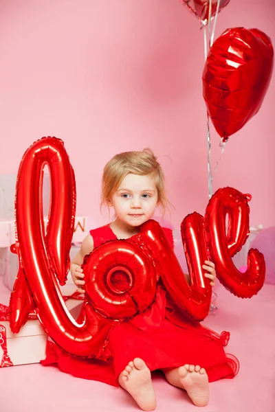 Portrait Three Year Old Girl Red Dress Pink Background Balloons — Fotografia de Stock